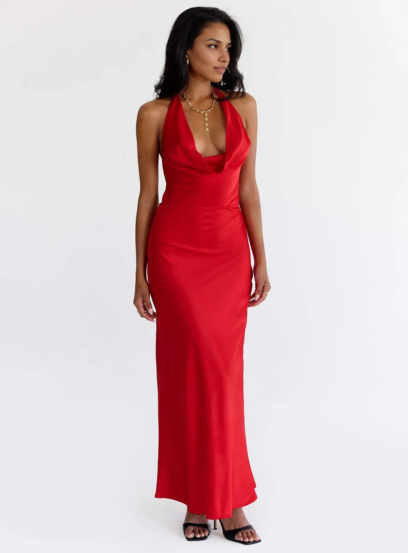 Elegant Red Satin Halter Neck Backless Maxi Dress No Slit Prom Dresses